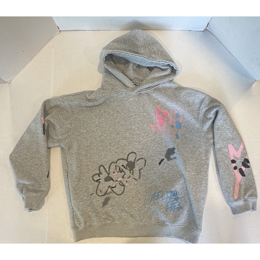 Aelfric Eden Hoodie Sweatshirt Gray Graffiti Print Side Pockets Size Small